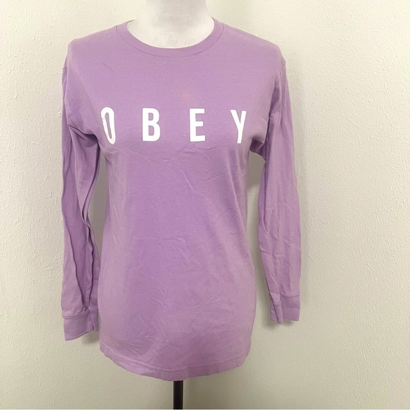 Urban Outfitters OBEY Long Sleeve Logo Shirt Size Small Lavender 100% Cotton - Picture 1 of 6